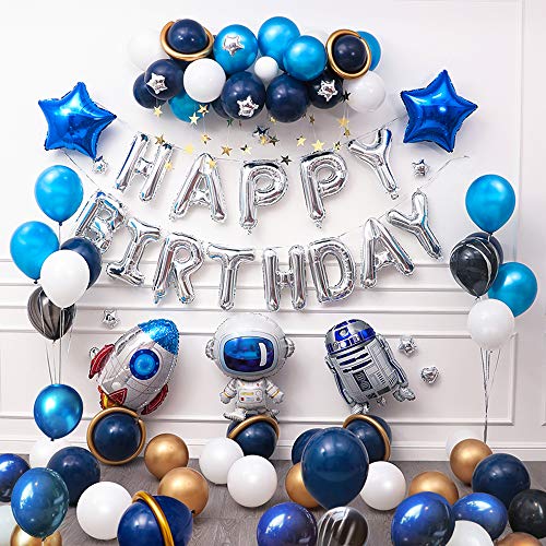 Ponmoo 87 piezas Globos Cumpleaños de Niño, Azul Decoraciones para Espacio Fiestas de Cumpleaños, Globo de Cohete Astronauta Robot Happy Birthday, Decoración de Feliz Cumpleaños con Accesorios