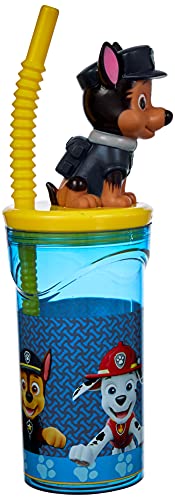 P:os 29442 - Vaso con pajita y figura 3D, en el popular diseño de La Patrulla Canina, capacidad aprox. 360 ml, de plástico sin BPA ni ftalatos, para niños y niñas