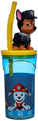 P:os 29442 - Vaso con pajita y figura 3D, en el popular diseño de La Patrulla Canina, capacidad aprox. 360 ml, de plástico sin BPA ni ftalatos, para niños y niñas