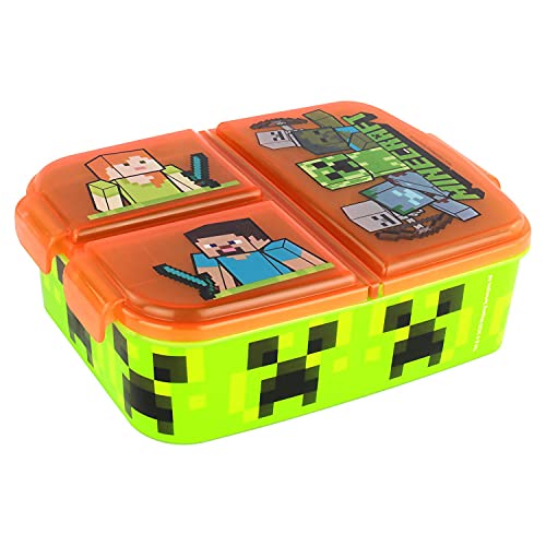 POS p:os Fiambrera con diseño de Minecraft, con 3 Compartimentos, Aprox. 14 x 18,5 x 5,5 cm, de plástico, Libre de BPA y ftalatos, Ideal para el Desayuno, guardería y Escuela, Multicolor (33168)