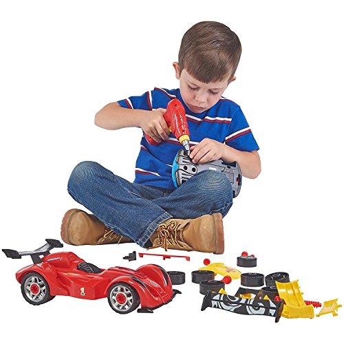 PREXTEX Construye tu Propio Coche Carreras 4 en 1 con Tornillos y Taladro Que Funciona de Verdad - Juguete de construcción de 53 Piezas con Luces y Sonidos para niños y niñas