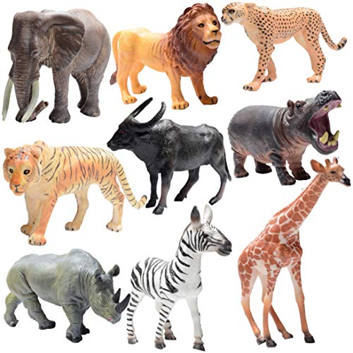 PREXTEX Las Figuras realistas Looking Safari Animales - 9 Grandes Figuras de plástico con Animales de la Selva Libro Grande