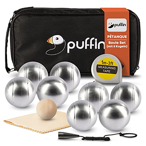 PUFFIN Juego de petanca, juego de petanca, con 8 bolas de metal y accesorios, juguete de exterior para toda la familia, juego de playa para niños y adultos