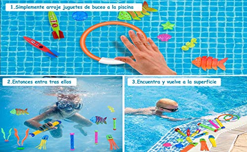 Pulchram 35 PCS Juguetes de Piscina de Buceo, Juego de Juguetes de Buceo Bajo el Agua, Juguetes de Natación para Niños para el Juego de Agua de la Piscina de Buceo