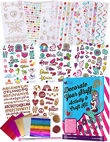 Purple Ladybug Kit Decora tus Cosas para Niñas - Manualidades de Niños con Gemas Adhesivas, Pegatinas Personalizadas de Vinilo, Purpurina y Letras Transferibles - Regalos Originales para Niñas