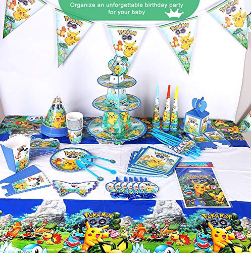 Qemsele Vajilla de cumpleaños de niños, 1 Mantel 20 Servilletas 20 Platos Desechables Fiesta Cumpleaños Decoración, Feliz cumpleaños Decoraciones Suministros Regalos Carnaval (Pikachu)