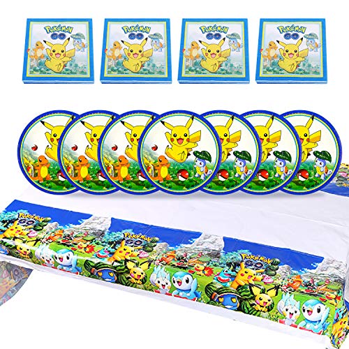 Qemsele Vajilla de cumpleaños de niños, 1 Mantel 20 Servilletas 20 Platos Desechables Fiesta Cumpleaños Decoración, Feliz cumpleaños Decoraciones Suministros Regalos Carnaval (Pikachu)