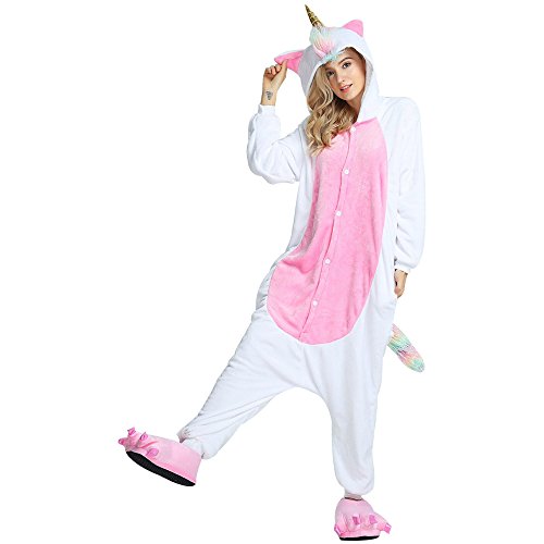 Rainbow Fox Unicornio Pijama Adultos Cosplay Disfraz Animal Ropa de Dormir Franela Novedad Víspera de Todos los Santos Navidad Ropa (L, Oro)