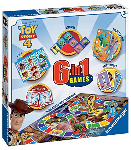 Ravensburger Disney Toy Story 4, juego 6 en 1 para niños y familias a partir de 3 años – Incluye 6 juegos clásicos: bingo, memoria, dominóes, serpientes y escaleras, damas y cartas de juego