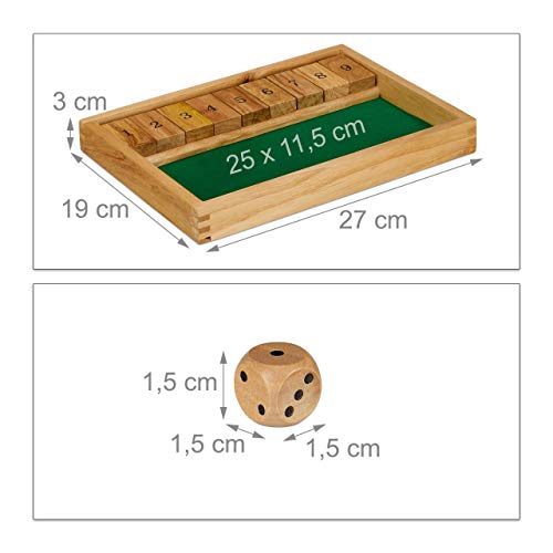 Relaxdays Cierra la Caja, Nueve Jugadores, Dos Dados de Madera y un Tablero, Mínimo de Dos Jugadores, Juego en Familia, Marrón y Verde, Madera