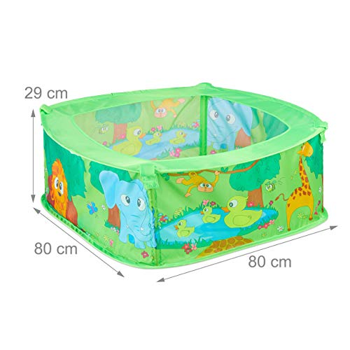 Relaxdays Piscina de Bolas Jungla, 50 Pelotas, Parque Infantil Cuadrado, Poliéster y Plástico, 29 x 80 x 80 cm, Verde, Acero