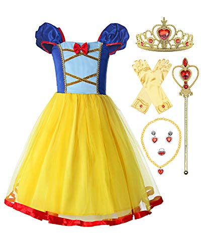 ReliBeauty Disfraz Princesa de Blanco Nieve Vestido para Niña Cintura elástica Traje Infantil,con Accesorios (6-7 años，130)