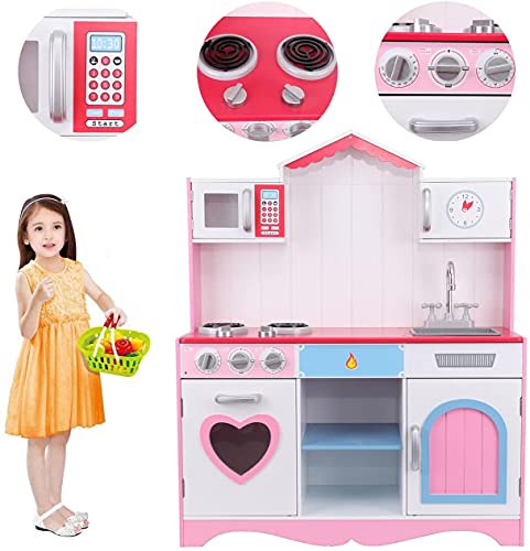 Ridgeyard Juguete de cocina, cocina de juguete, cocina con accesorios, cocina de juguete, cocina de madera, cocina para niños de 3 a 9 años Kitchen Toys Role Play (rosa)