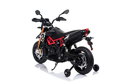 RIRICAR Moto eléctrica Aprilia DORSODURO 900, con Licencia, batería de 12V, Ruedas Suaves de EVA, Motores de 2 x 18W, suspensión, Marco de Metal, Horquilla de Metal, Ruedas auxiliares, Gris