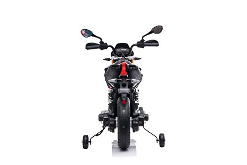 RIRICAR Moto eléctrica Aprilia DORSODURO 900, con Licencia, batería de 12V, Ruedas Suaves de EVA, Motores de 2 x 18W, suspensión, Marco de Metal, Horquilla de Metal, Ruedas auxiliares, Gris