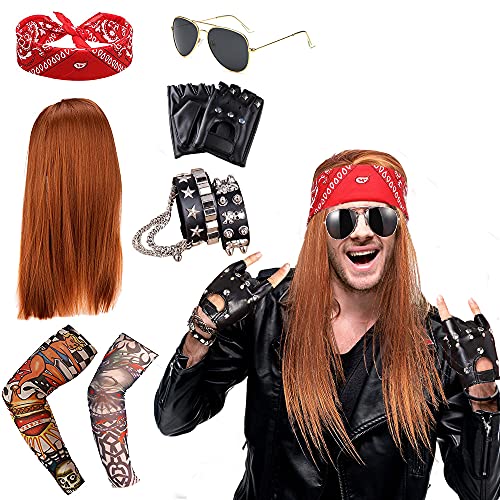 Rockstar 70s 80s Heavy Metal Disco peluca Accesorios de traje Cruz Pulida Colgante Collar Largo Rizado Sombrero Gafas de sol Negro Rocker Costume Peluca Rocker Accesorios de disfraces