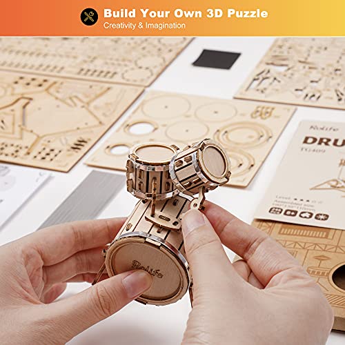 Rolife Puzzle 3D Madera Antiguo Maquetas para Montar para Construir Adultos Niñas Instrumento Musical Kit de batería (Drum Kit)