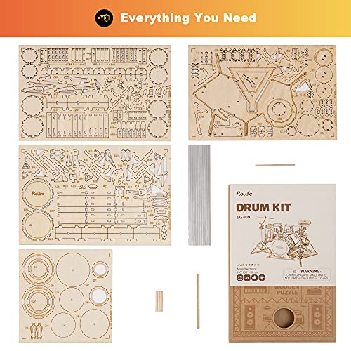 Rolife Puzzle 3D Madera Antiguo Maquetas para Montar para Construir Adultos Niñas Instrumento Musical Kit de batería (Drum Kit)