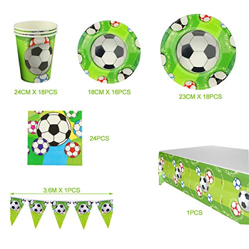 RPARTY Decoraciones Fútbol y Vajilla Papel Fiesta Feliz Cumpleaños para Niños 16 Invitados El Juego de 78 Piezas Incluye Platos, Vasos, Mantel, Servilletas,Guirnalda