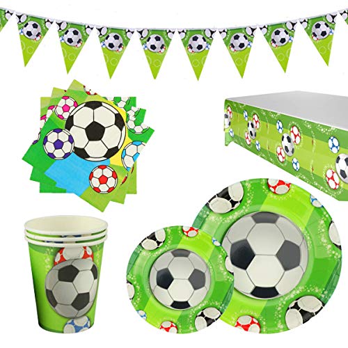 RPARTY Decoraciones Fútbol y Vajilla Papel Fiesta Feliz Cumpleaños para Niños 16 Invitados El Juego de 78 Piezas Incluye Platos, Vasos, Mantel, Servilletas,Guirnalda