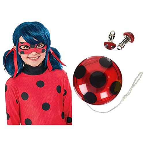 Rubies Ladybug Peluca complemento de disfraz infantil, talla única (Rubie's Spain 32929) + Miraculous Ladybug Set YO-YO y las pendientes