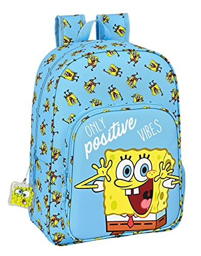 Safta Mochila Escolar Niños de Bob Esponja Positive Vibes, 330x140x420 mm, Azul Claro/Amarillo