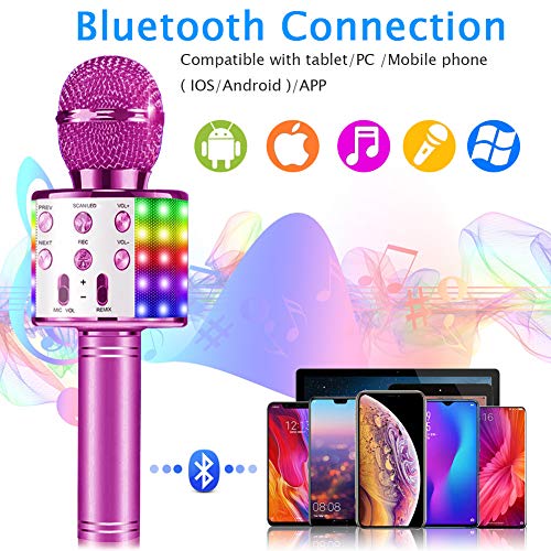 SaponinTree Microfono Inalámbrico Karaoke, Micrófono Karaoke Bluetooth Portátil con Altavoz con Luces de Baile LED para Niños Canta Partido Musica Reproductor