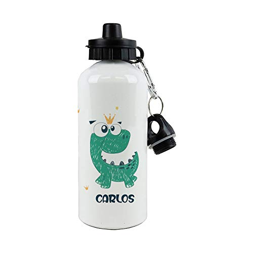 SAQUITOMAGICO Bidon Aluminio Personalizado con tu Nombre o Texto 400 ml o 600ml.-Cantimplora para niños.-Botella Personalizada para niños (Dinosaurio)