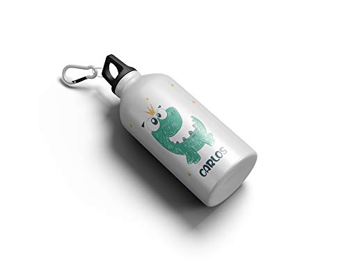 SAQUITOMAGICO Bidon Aluminio Personalizado con tu Nombre o Texto 400 ml o 600ml.-Cantimplora para niños.-Botella Personalizada para niños (Dinosaurio)