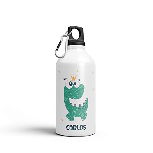 SAQUITOMAGICO Bidon Aluminio Personalizado con tu Nombre o Texto 400 ml o 600ml.-Cantimplora para niños.-Botella Personalizada para niños (Dinosaurio)