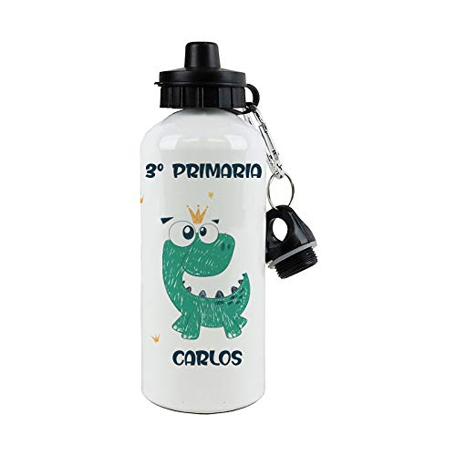 SAQUITOMAGICO Bidon Aluminio Personalizado con tu Nombre o Texto 400 ml o 600ml.-Cantimplora para niños.-Botella Personalizada para niños (Dinosaurio)