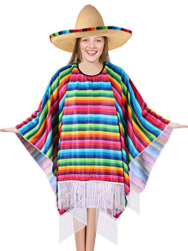 SATINIOR Disfraz de Poncho de Sarape Mexicano Sombrero Mexicano con Borde y Banda de Sarape de Arco Iris (Niño)