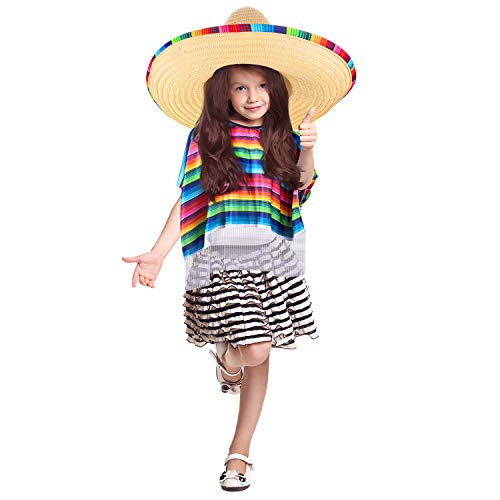 SATINIOR Disfraz de Poncho de Sarape Mexicano Sombrero Mexicano con Borde y Banda de Sarape de Arco Iris (Niño)