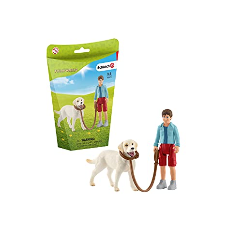 Schleich 42478 Farm World Play Set - Niño paseando a un perro Labrador Retriever, juguetes a partir de 3 años