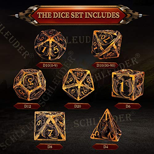 Schleuder D&D Dados Dungeons and Dragons Juegos de rol, Dados de Metal RPG PoliéDricos Hueco Metal Forma de Dragón Dice Set, para Dragones y Mazmorras Juego de Mesa (Bronce Antiguo)