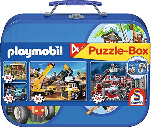 Schmidt Spiele 55599 - Playmobil Caja Puzzle 2 x 60, 2 x 100 Piezas en una Caja de Metal