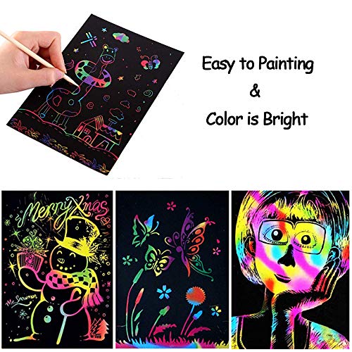 Scratch Art Paper, 50 Obras De Arte De Raspado De Arco Iris y Manualidades Infantiles Papel Rayado Negro, con 5 Estilográficas De Madera, 4 Reglas De Dibujo(18.5 * 26 Cm)