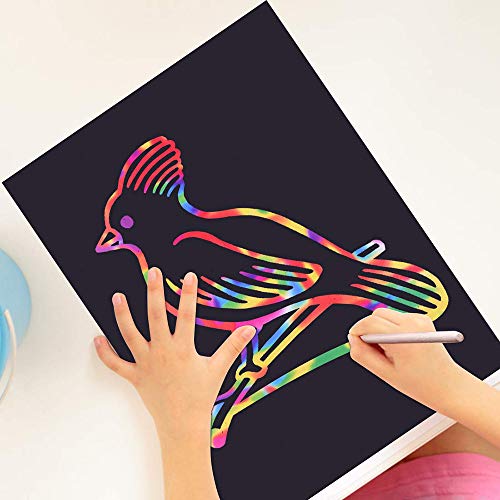 Scratch Art Paper, 50 Obras De Arte De Raspado De Arco Iris y Manualidades Infantiles Papel Rayado Negro, con 5 Estilográficas De Madera, 4 Reglas De Dibujo(18.5 * 26 Cm)