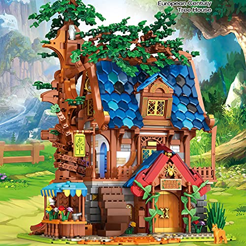 SENG Casa de árbol medieval con bloques de sujeción, casa con luz, 2450 piezas, diseño creativo de vista de calle, juguete de construcción para casa modular compatible con Lego