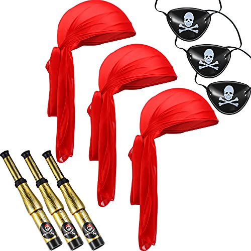 Set de 9 Accesorios de Pirata, Incluye 3 Gorros de Pirata 3 Telescopios de Pirata y 3 Parches de Ojo de Pirata para Halloween Disfraz de Pirata Cosplay (Sombrero Sedoso de Pirata)