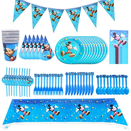 Set de Fiesta de Cumpleaños de Mickey, BESTZY Cumpleaños Vajilla Set de Fiesta Kids Birthday Mickey, Plato, Servilleta de Papel, Cuchillo, Tenedor, Taza, Mantel, Paja para Niños Baby Shower