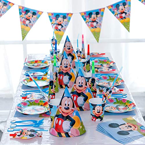 Set de Fiesta de cumpleaños de Mickey - Miotlsy 51PCS Disney Mickey Mouse Party Decoration Set Platos Tazas Servilletas Pack de Fiesta reciclable Mickey Mantel Sirve para 6 Invitados