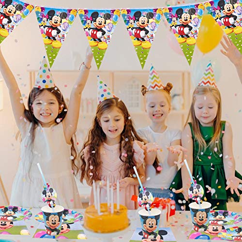 Set de Fiesta de cumpleaños de Mickey - Miotlsy 51PCS Disney Mickey Mouse Party Decoration Set Platos Tazas Servilletas Pack de Fiesta reciclable Mickey Mantel Sirve para 6 Invitados