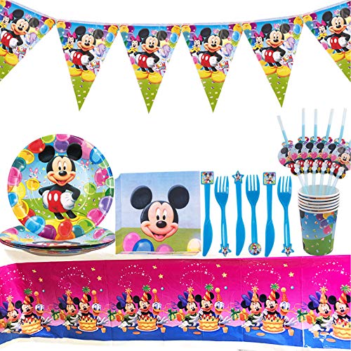 Set de Fiesta de cumpleaños de Mickey - Miotlsy 51PCS Disney Mickey Mouse Party Decoration Set Platos Tazas Servilletas Pack de Fiesta reciclable Mickey Mantel Sirve para 6 Invitados