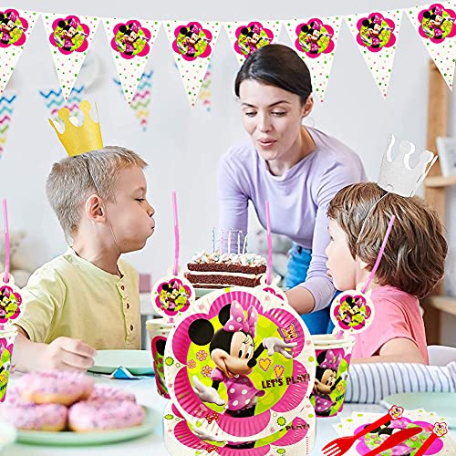 Set de Fiesta de Cumpleaños de Minnie, Cumpleaños Vajilla Set de Fiesta Kids Birthday Mickey, Plato, Servilleta de Papel, Cuchillo, Tenedor, Taza, Mantel, Paja para Niños Baby Shower