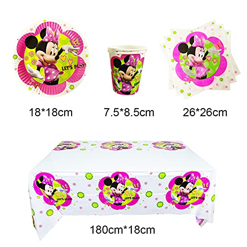 Set de Fiesta de Cumpleaños de Minnie, Cumpleaños Vajilla Set de Fiesta Kids Birthday Mickey, Plato, Servilleta de Papel, Cuchillo, Tenedor, Taza, Mantel, Paja para Niños Baby Shower