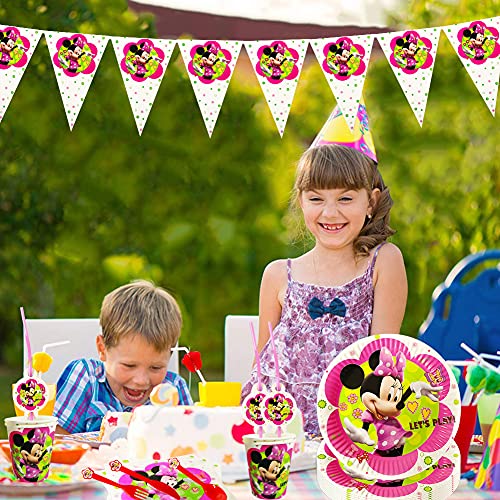 Set de Fiesta de Cumpleaños de Minnie, Cumpleaños Vajilla Set de Fiesta Kids Birthday Mickey, Plato, Servilleta de Papel, Cuchillo, Tenedor, Taza, Mantel, Paja para Niños Baby Shower