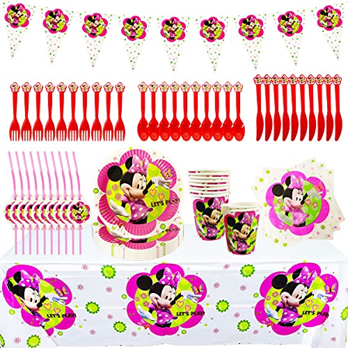 Set de Fiesta de Cumpleaños de Minnie, Cumpleaños Vajilla Set de Fiesta Kids Birthday Mickey, Plato, Servilleta de Papel, Cuchillo, Tenedor, Taza, Mantel, Paja para Niños Baby Shower