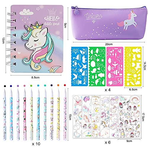 Set de Papelería Unicornio, Incluir Pegatinas, Niñas Bolígrafos, Pegatinas, Plantillas de Dibujo, Cuaderno, Estuche Escolar para Lápices Unicornio Suministros para Niñas, 4 a 12 Años Púrpura