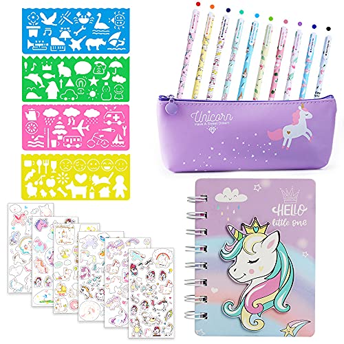 Set de Papelería Unicornio, Incluir Pegatinas, Niñas Bolígrafos, Pegatinas, Plantillas de Dibujo, Cuaderno, Estuche Escolar para Lápices Unicornio Suministros para Niñas, 4 a 12 Años Púrpura